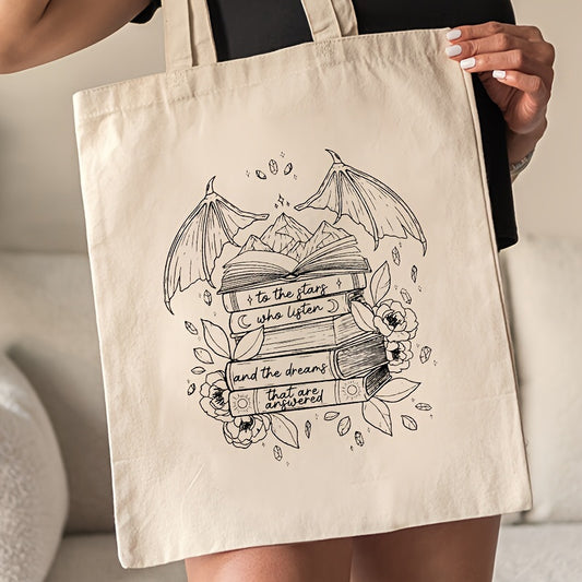Canvas Tote Bag with Books and Wings Pattern, Machine Washable, No-Closure Shoulder Bag for School, Shopping, and Groceries