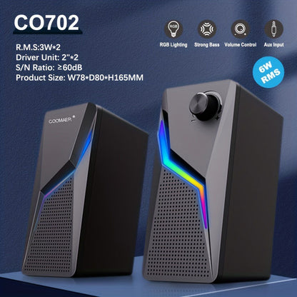 RGB Desktop Speakers, 2.0CH Stereo PC Computer Gaming Speakers 6W Multimedia Monitor Speakers, Volume Control, USB Powered with 3.5mm Cable