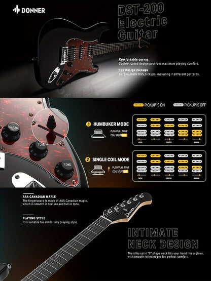 39-Inch Designer Series DST-200 Electric Guitar - Stylish Solid Body with Single Coil Split System, Premium Sound Quality, and Versatile Playability - Bonus Accessories Include Gig Bag, Cable, and Strap for Beginner, Intermed