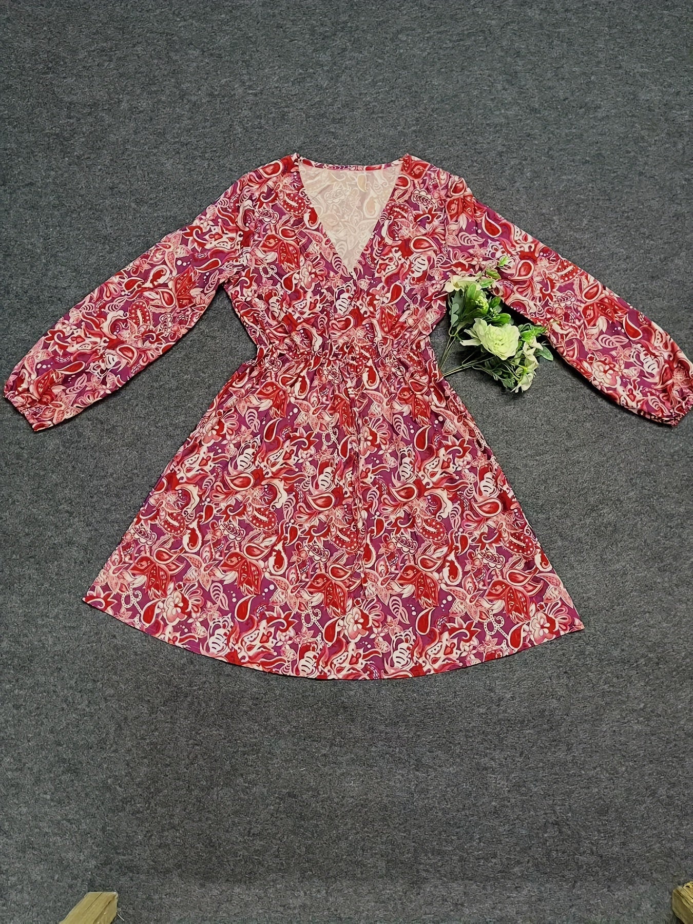 Chic Paisley Print Drawstring Dress - Alluring Surplice Neckline & Adjustable Long Sleeves - Figure-Flattering Womens Clothing for Versatile Style