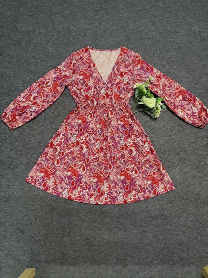 Chic Paisley Print Drawstring Dress - Alluring Surplice Neckline & Adjustable Long Sleeves - Figure-Flattering Womens Clothing for Versatile Style