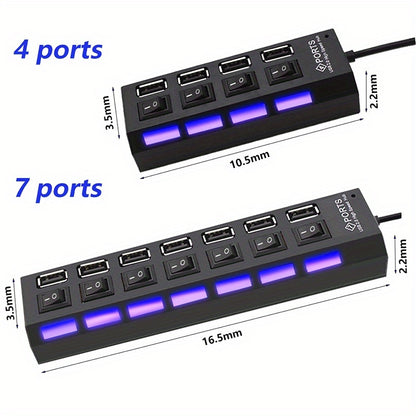 7/4 Ports LED USB 2.0 Adapter Hub with Power on/Off Switch for Laptop PC Computer, 5V Operating Voltage