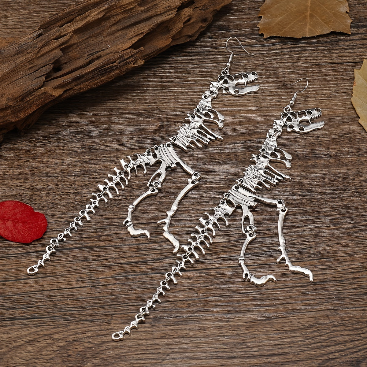 Unique Dinosaur Skeleton Drop Earrings - Vintage-Inspired, Golden Ancient Silver Color, Creative Design, Dangle Earrings for Women, Statement Jewelry, Fashion Accessories