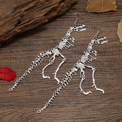 Unique Dinosaur Skeleton Drop Earrings - Vintage-Inspired, Golden Ancient Silver Color, Creative Design, Dangle Earrings for Women, Statement Jewelry, Fashion Accessories