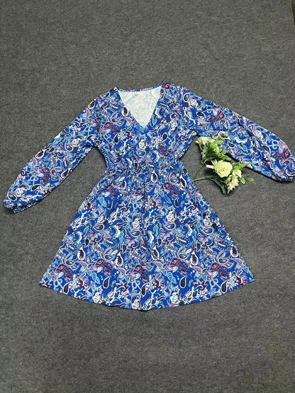 Chic Paisley Print Drawstring Dress - Alluring Surplice Neckline & Adjustable Long Sleeves - Figure-Flattering Womens Clothing for Versatile Style