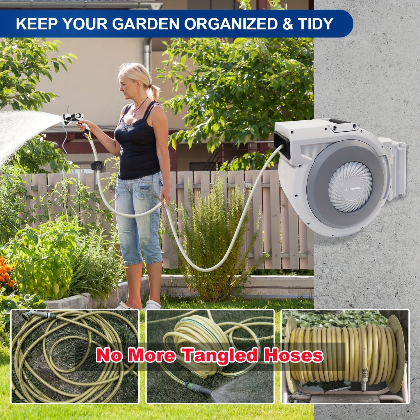 [105FT Retractable Garden Hose Reel] 105 FT X 1/2" Retractable Garden Hose Reel By HOZEREEL, Heavy Duty Outdoor Garden Hose Reels - Automatic Self Retract Wall Mount Hose Reel Enclosed Storage, Any Length Lock, 10 Pattern Noz