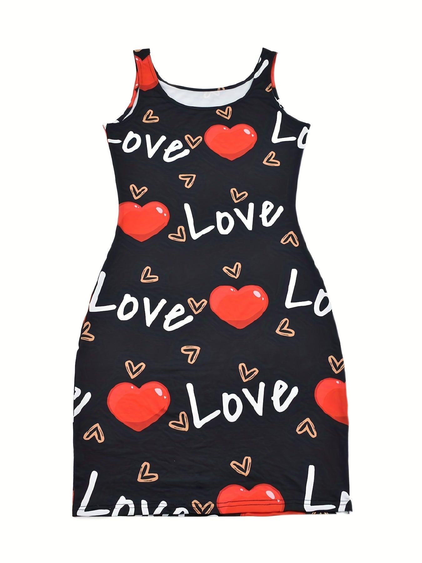 Heart & Letter Printed Tank Dress - Casual Sleeveless U Neck Design - Slim Fit & Flattering - Ideal Summer Womens Clothing