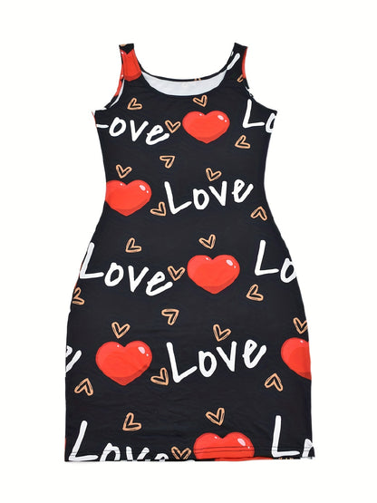 Heart & Letter Printed Tank Dress - Casual Sleeveless U Neck Design - Slim Fit & Flattering - Ideal Summer Womens Clothing