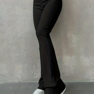 Stylish Flare Leg Pants - Soft and Stretchy Ribbed Fabric, Comfortable High-Rise Design, Flexible and Form-Fitting Waistband, Fashionable Flared Leg Style - Chic Womens Clothing for Everyday Wear