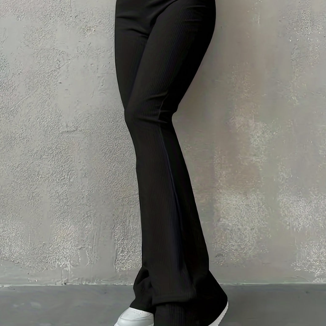 Stylish Flare Leg Pants - Soft and Stretchy Ribbed Fabric, Comfortable High-Rise Design, Flexible and Form-Fitting Waistband, Fashionable Flared Leg Style - Chic Womens Clothing for Everyday Wear