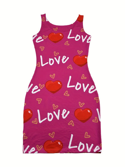 Heart & Letter Printed Tank Dress - Casual Sleeveless U Neck Design - Slim Fit & Flattering - Ideal Summer Womens Clothing