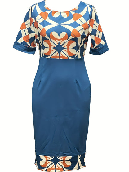 Chic Striped & Floral Print Bodycon Dress - Fashionable Figure-Hugging Style - Flattering Crew Neck & Short Sleeves - Perfect for Spring & Summer Wardrobe - Womens Clothing