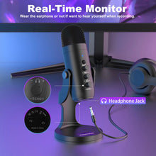 Load image into Gallery viewer, USB Microphone, Condenser Computer PC Mic, Plug&amp;Play Gaming Microphones For PS 4&amp;5.Headphone Output&amp;Volume Control, Mic Gain Control, Mute Button For Vocal, For YouTube Podcast On Mac&amp;WindowsBlack
