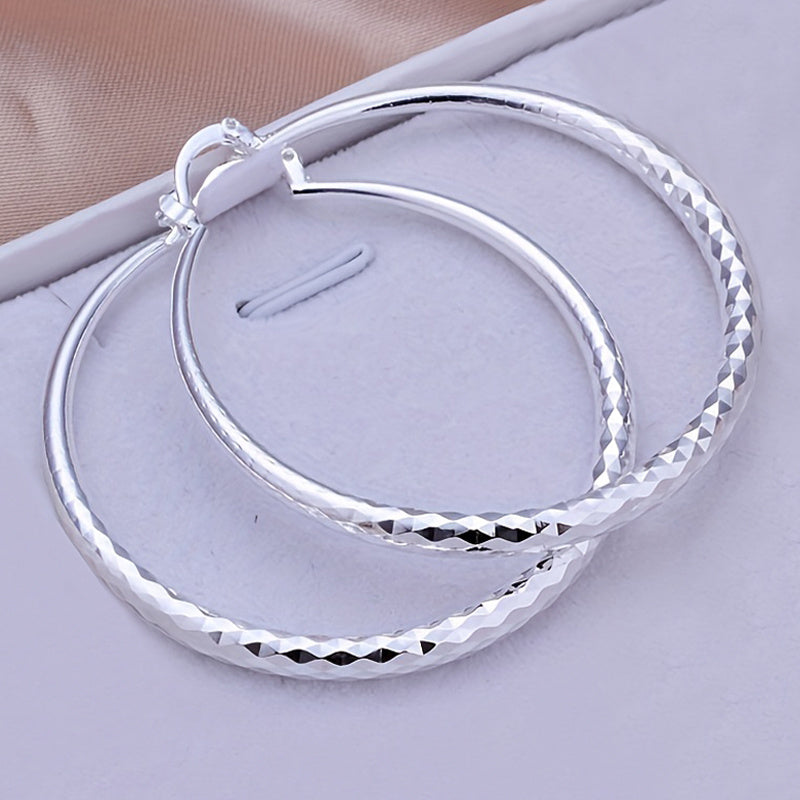 Silvery Big Textured Hoop Earrings Women's Jewelry Silver Plated Female Accessories 1Pair