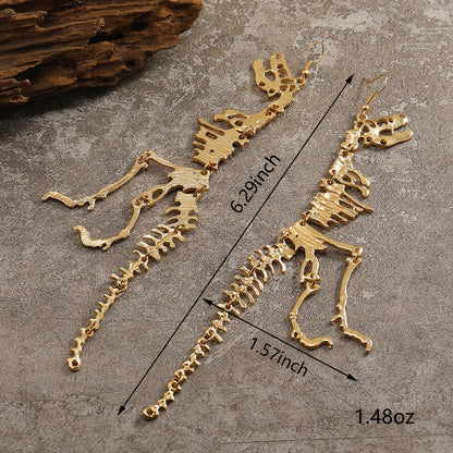 Unique Dinosaur Skeleton Drop Earrings - Vintage-Inspired, Golden Ancient Silver Color, Creative Design, Dangle Earrings for Women, Statement Jewelry, Fashion Accessories