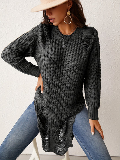 Solid Crew Neck Ripped Split Pullover Sweater - Soft Micro Elastic Acrylic Knit Fabric, Sexy Long Sleeve Design, Hand Washable, Perfect for Fall & Winter Seasons - Womens Clothing