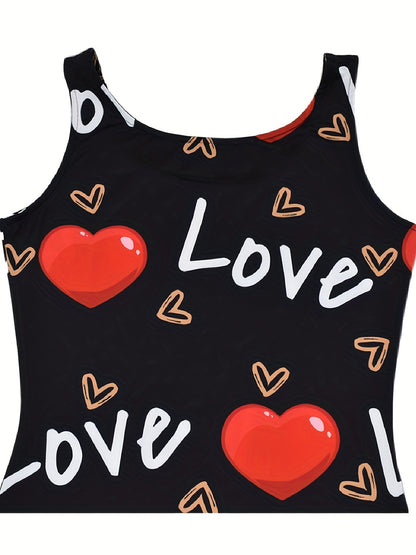 Heart & Letter Printed Tank Dress - Casual Sleeveless U Neck Design - Slim Fit & Flattering - Ideal Summer Womens Clothing