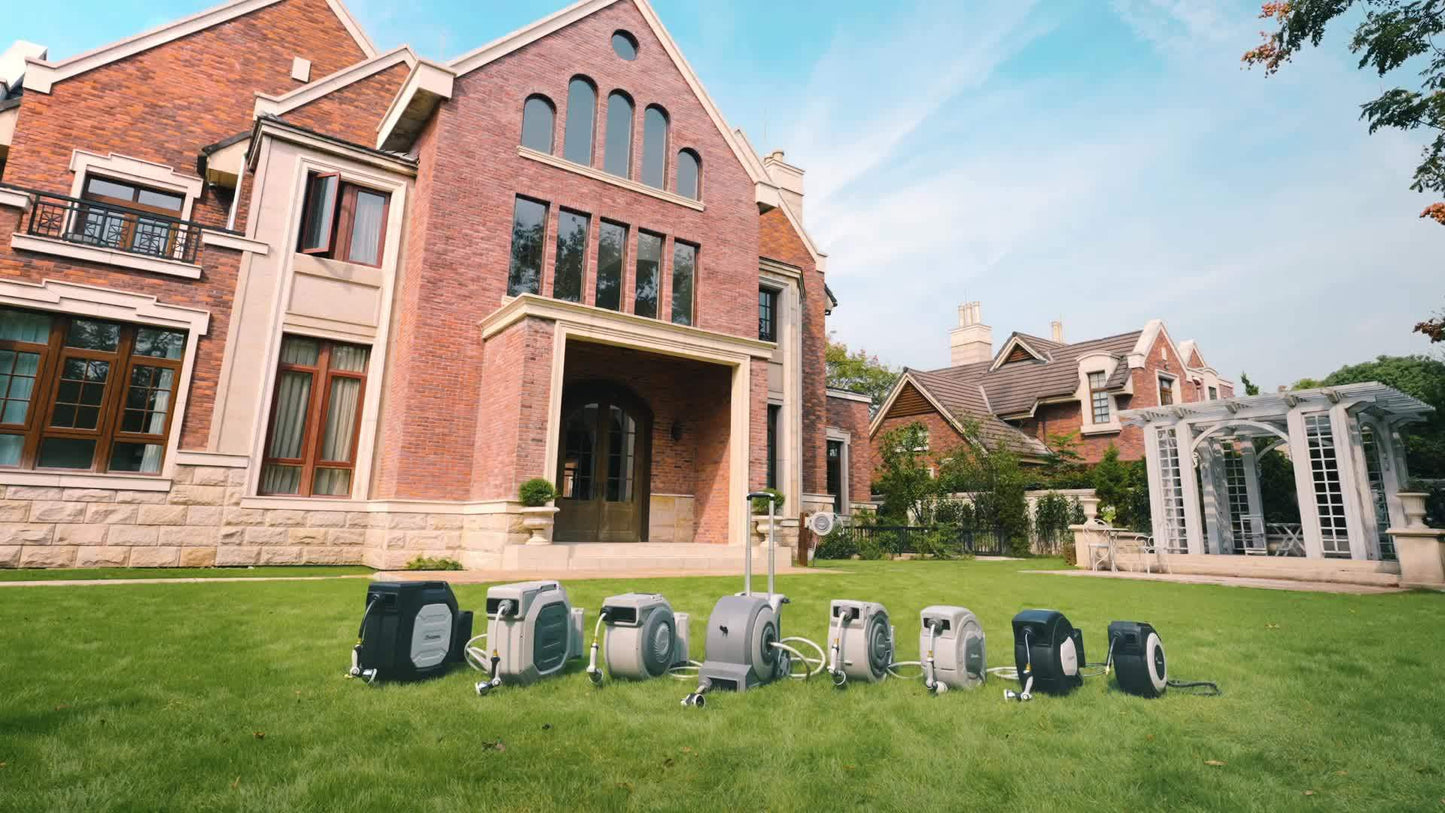 [105FT Retractable Garden Hose Reel] 105 FT X 1/2" Retractable Garden Hose Reel By HOZEREEL, Heavy Duty Outdoor Garden Hose Reels - Automatic Self Retract Wall Mount Hose Reel Enclosed Storage, Any Length Lock, 10 Pattern Noz