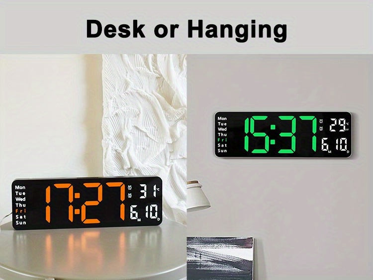 Large Screen Digital Wall Clock With Indoor Temperature Date Week Display, Desk Countdown Digital Timer, 13 Inch Nordic Simple Living Room 10-level Brightness Adjustment Auto Light Led Dual Alarm Clock With Remote Control (Bu