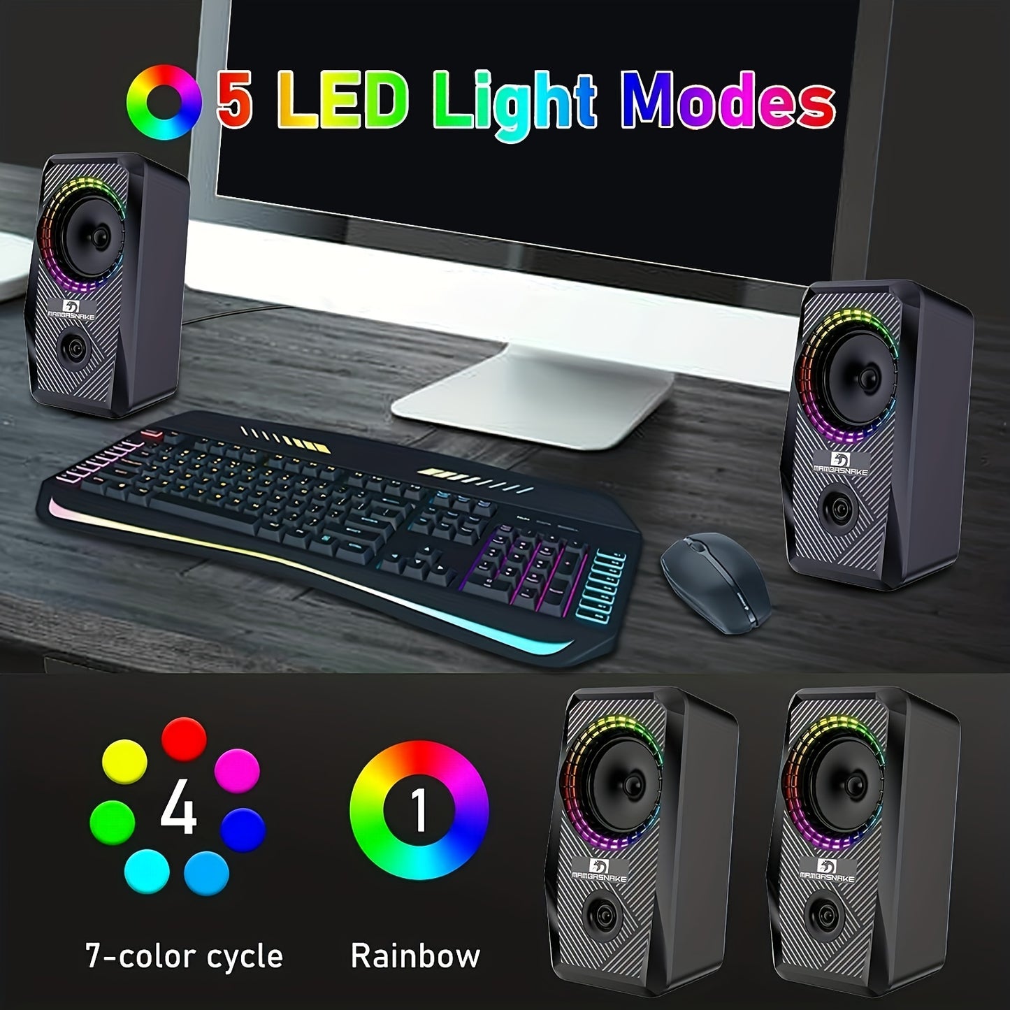 PC Computer Speakers, Wired Mini RGB Gaming Speakers For PC 2.0 USB Powered 3.5 Mm AUX, 6 RGB LED Backlit Modes Light Up, Multimedia Stereo For Desktop Laptop Phone Monitor, 10W