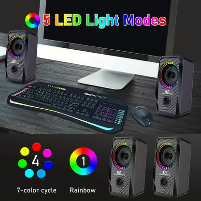 PC Computer Speakers, Wired Mini RGB Gaming Speakers For PC 2.0 USB Powered 3.5 Mm AUX, 6 RGB LED Backlit Modes Light Up, Multimedia Stereo For Desktop Laptop Phone Monitor, 10W