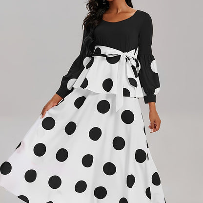 Vibrant Polka Dot V-Neck Long Sleeve Maxi Dress - Elegant High Tie Waist Flared Design, High Elasticity Polyester Fabric, Machine Washable, Random Printing, All-Season Wear, Knit Fabric, Womens Clothing for Adult