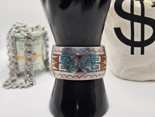 Beautiful Native American Vintage Sterling Silver Jewelry Cuff Turquoise Inlay