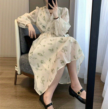 V-Neck Floral Print Chiffon Dress - Slim Waist, Long Sleeve, Elegant & Flowy - Fashion-Forward Womens Clothing for Any Season