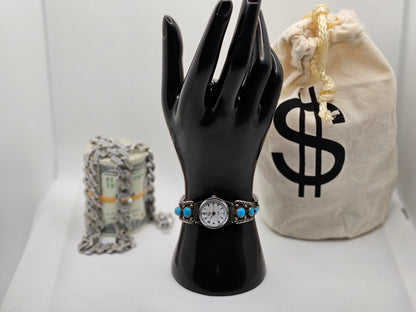 Vintage Native American Sterling Silver Watch with Turquoise 925 Silver Jewelry