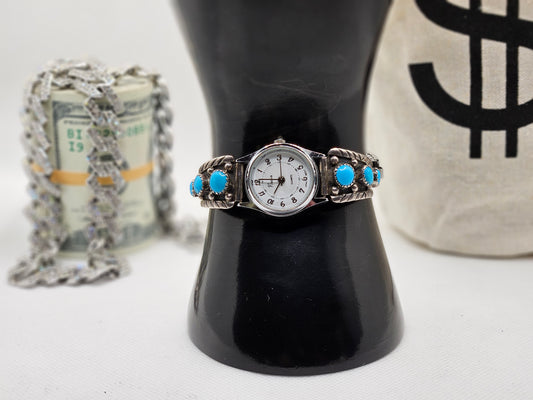 Vintage Native American Sterling Silver Watch with Turquoise 925 Silver Jewelry