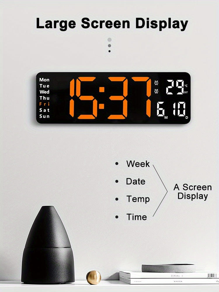 Large Screen Digital Wall Clock With Indoor Temperature Date Week Display, Desk Countdown Digital Timer, 13 Inch Nordic Simple Living Room 10-level Brightness Adjustment Auto Light Led Dual Alarm Clock With Remote Control (Bu