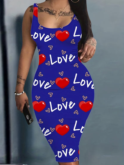 Heart & Letter Printed Tank Dress - Casual Sleeveless U Neck Design - Slim Fit & Flattering - Ideal Summer Womens Clothing