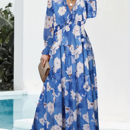 Romantic Floral Print Maxi Dress - Flowy Pleats & Modest V-Neck - Versatile Long Sleeves for Vacation Style - Womens Clothing