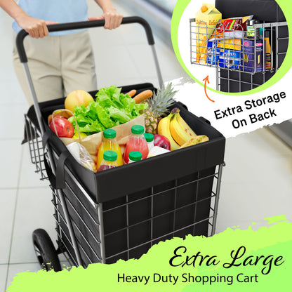 Extra Large Shopping Cart w/ 360 Swivel Wheels & Waterproof Basket Liner for Groceries, Shopping Laundry - Foldable Collapsible & Lightweight - Extra Large Heavy Duty Utility Cart