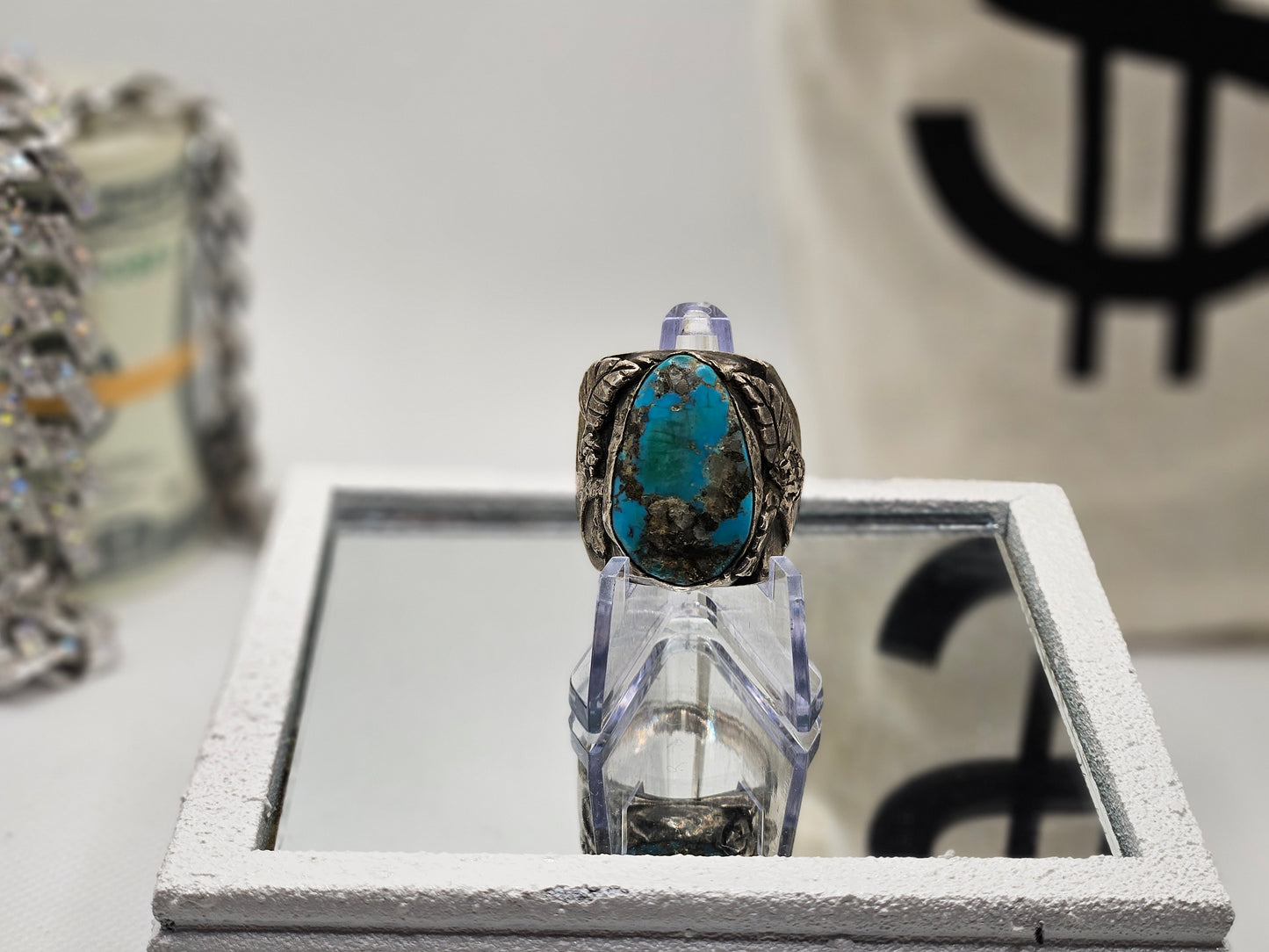 Vintage Native American Jewelry Ring 925 Silver with Large Centered Turquoise