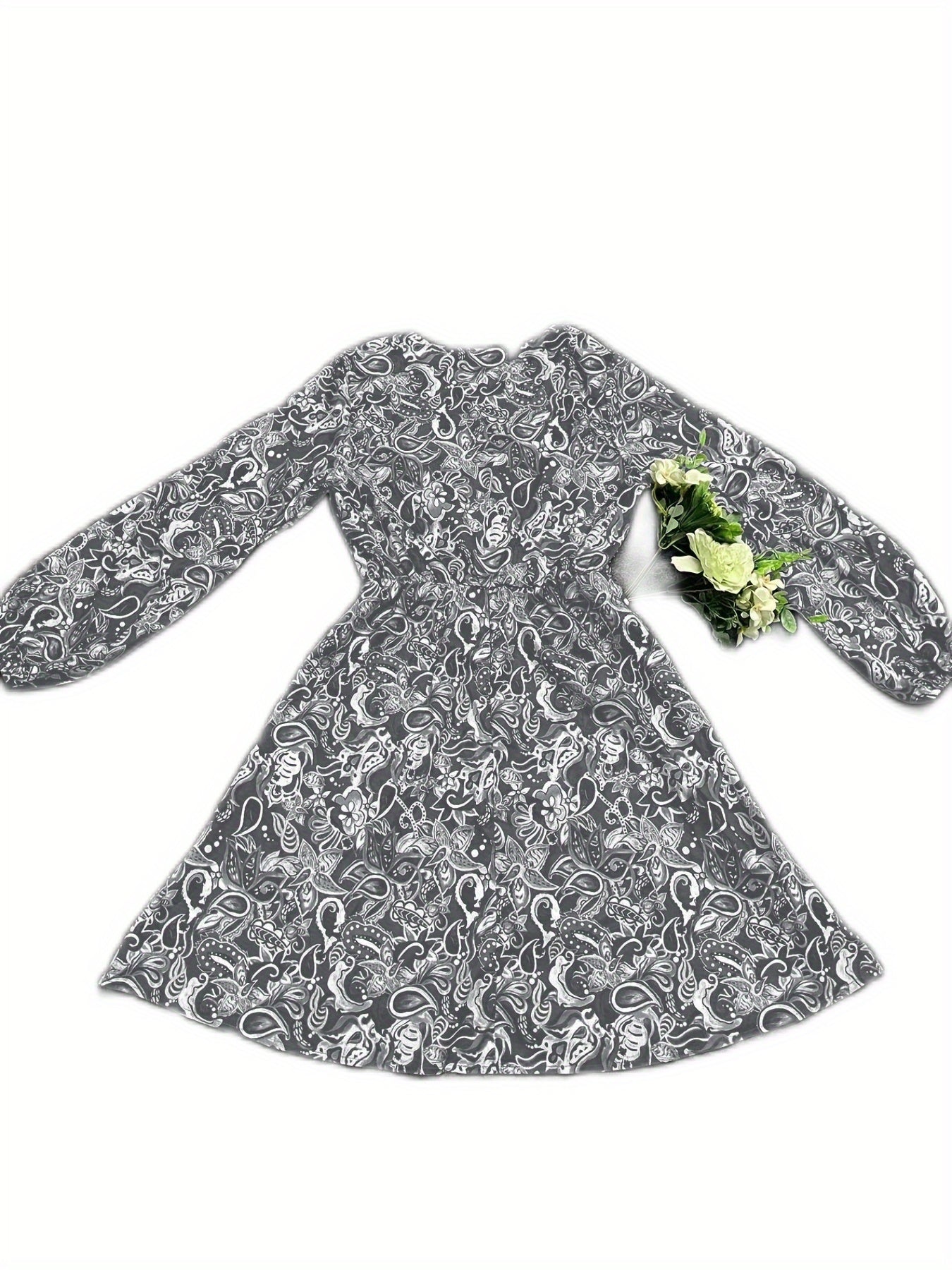 Chic Paisley Print Drawstring Dress - Alluring Surplice Neckline & Adjustable Long Sleeves - Figure-Flattering Womens Clothing for Versatile Style