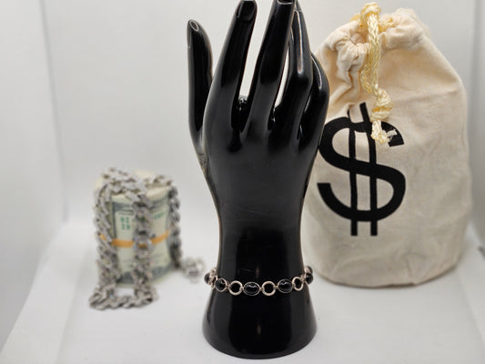 Vintage Sterling Silver 925 Link Bracelet Black Onyx 7.5 inch Jewelry Give Gift