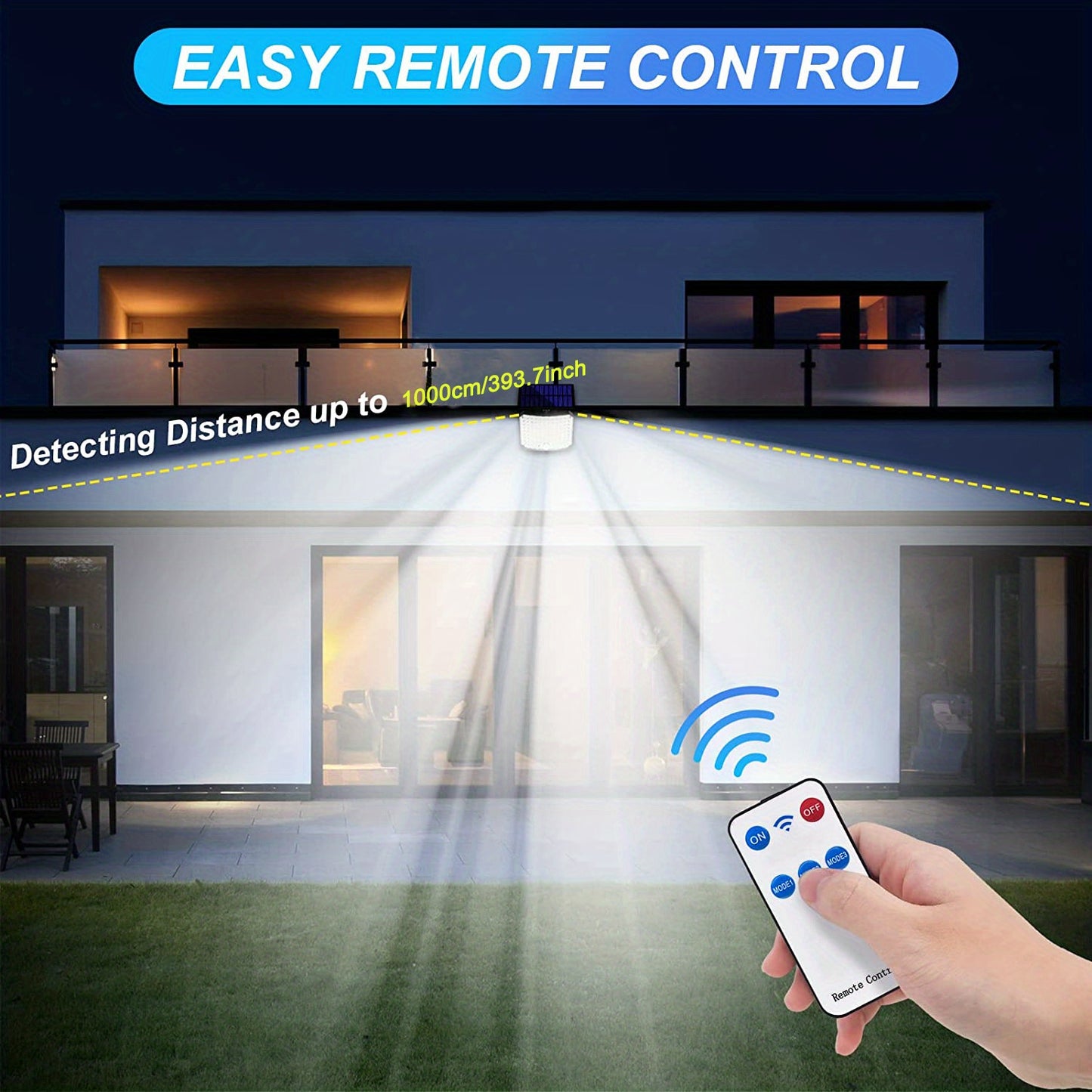 118 LED Solar Motion Sensor Floodlight with Remote Control - Outdoor Security Lighting for Patio, Garage, Porch, Yard - 16.5ft Cable,, 1800mAh Battery, Wall-Mounted Design, Yard Floodlight | Sleek Rectangular Design | LED Arr