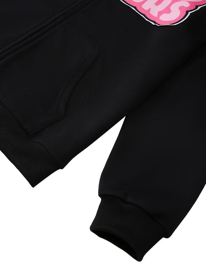 Trendy Womens Letter Print Hoodie - Full Zipper, Long Sleeve Casual Sweatshirt with Comfortable Pockets - Relaxed Fit, Soft & Stylish Womens Clothing