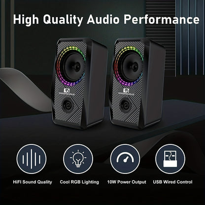 PC Computer Speakers, Wired Mini RGB Gaming Speakers For PC 2.0 USB Powered 3.5 Mm AUX, 6 RGB LED Backlit Modes Light Up, Multimedia Stereo For Desktop Laptop Phone Monitor, 10W