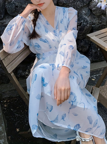 V-Neck Floral Print Chiffon Dress - Slim Waist, Long Sleeve, Elegant & Flowy - Fashion-Forward Womens Clothing for Any Season