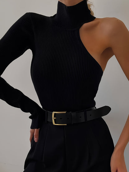 Chic Asymmetric One Shoulder Ribbed Knit Bodysuit - Long Sleeve, Sexy Style for Fall Winter - Form-Fitting, Versatile One Piece Womens Clothing