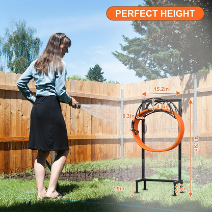 Heavy Duty Freestanding Garden Hose Holder - 1pc Upgraded Metal Hose Stand with 4 Spikes - Detachable Garden Hose Storage Hose Reel Rack, Black