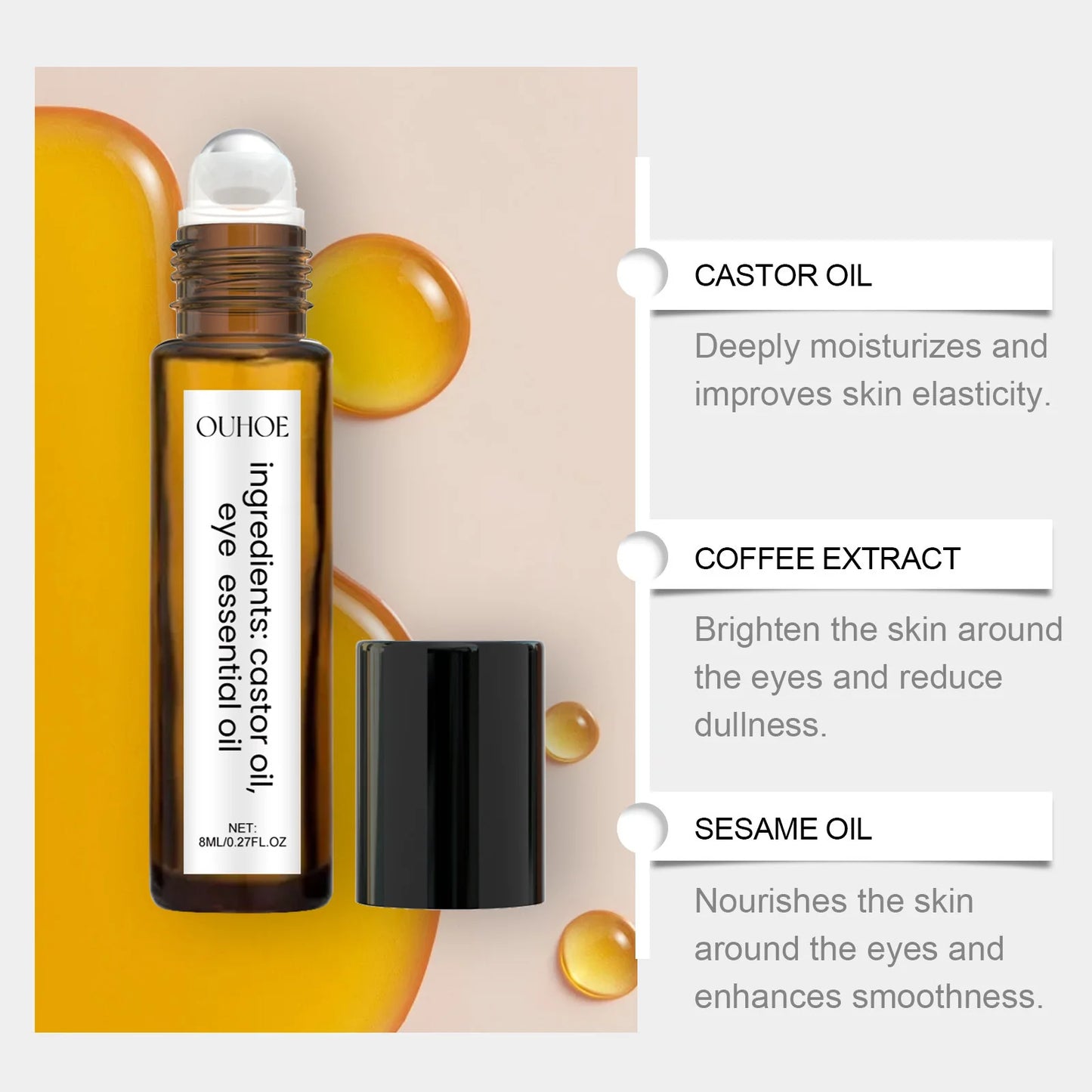 Ouhoe 8ml Castor Oil Anti Dark Circles Eye Serum Roller Moisturize Skin Tighten Remove Eye Bag Puffiness Nourishing Eye Serum