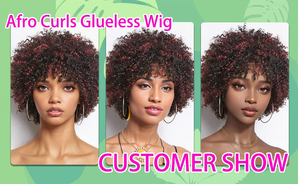 Dark Red Highlights Pixie Cut Wig  Glueless Wigs 2x1 Human Hair for Black Women Human Hair Afro Wigs Short Bob Wig With Bangs