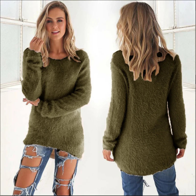 2024 Women Warm Sweaters Solid Color O Neck Loose Knitted Pullover Long Sweater Casual Blouse Lady Hipster Comfortable Clothing