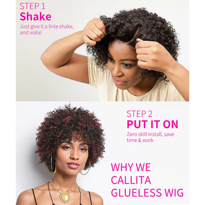 Dark Red Highlights Pixie Cut Wig  Glueless Wigs 2x1 Human Hair for Black Women Human Hair Afro Wigs Short Bob Wig With Bangs