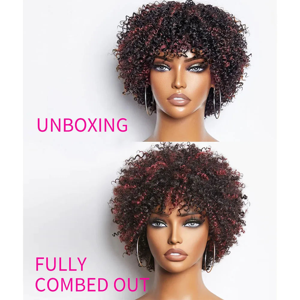 Dark Red Highlights Pixie Cut Wig  Glueless Wigs 2x1 Human Hair for Black Women Human Hair Afro Wigs Short Bob Wig With Bangs