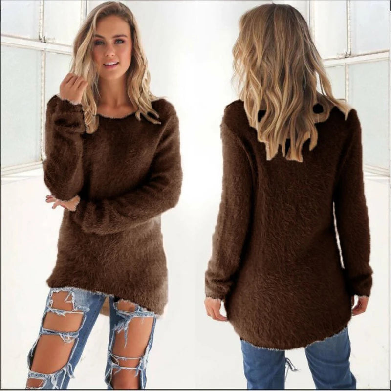 2024 Women Warm Sweaters Solid Color O Neck Loose Knitted Pullover Long Sweater Casual Blouse Lady Hipster Comfortable Clothing