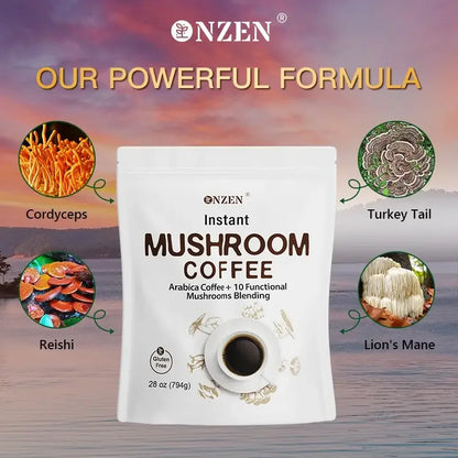 Premium Mushroom Coffee Powder: Arabica Coffee with 10-Mushroom Blend (Lion's Mane, Chaga, Reishi & More) for Enhanced Focus, En